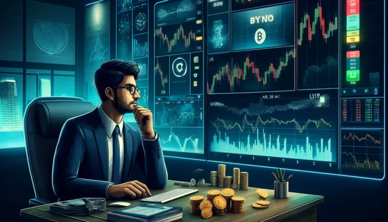 "Indian swing trader analyzing stock, forex, and crypto markets with candlestick charts and trading tools"