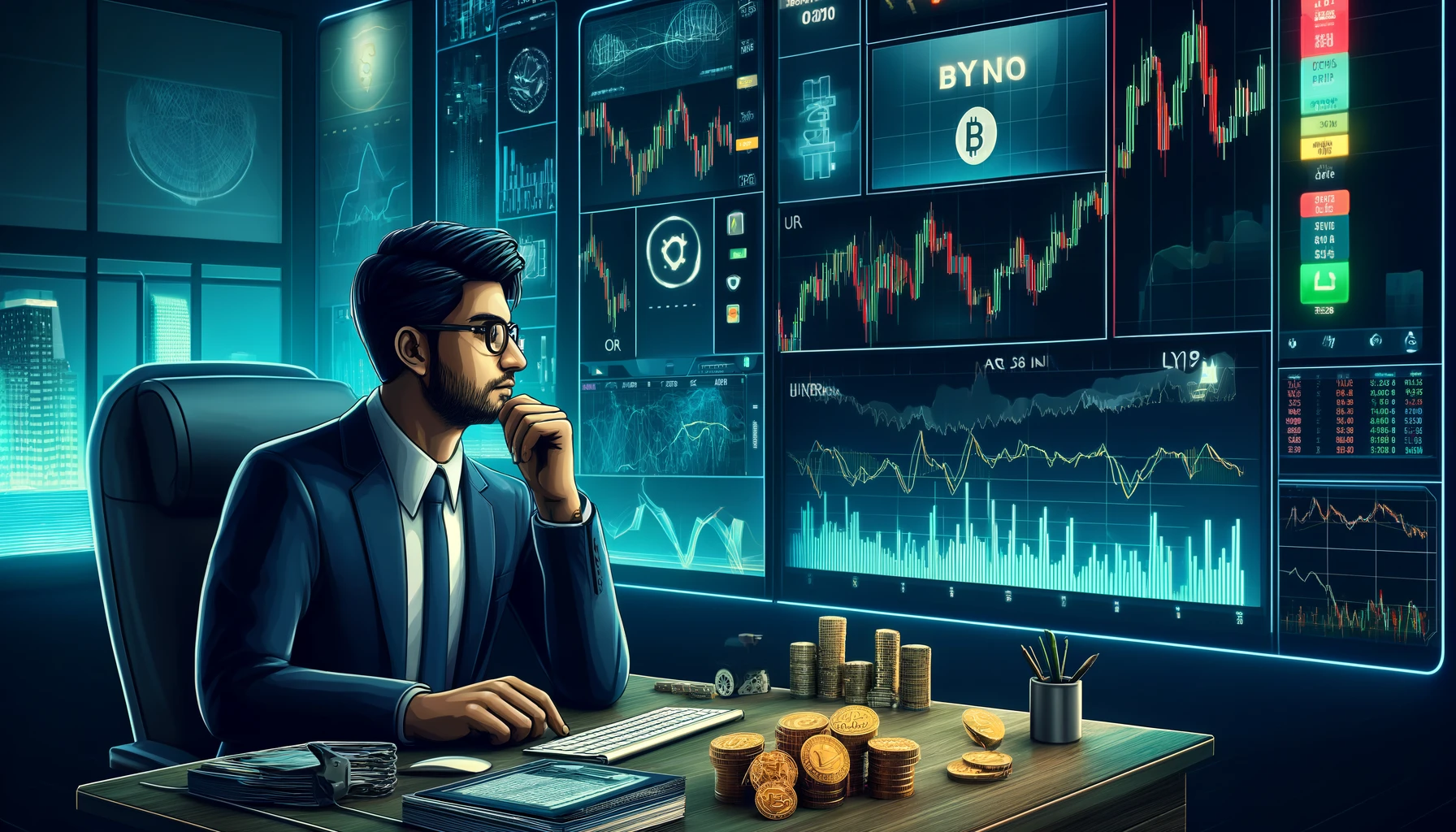 "Indian swing trader analyzing stock, forex, and crypto markets with candlestick charts and trading tools"
