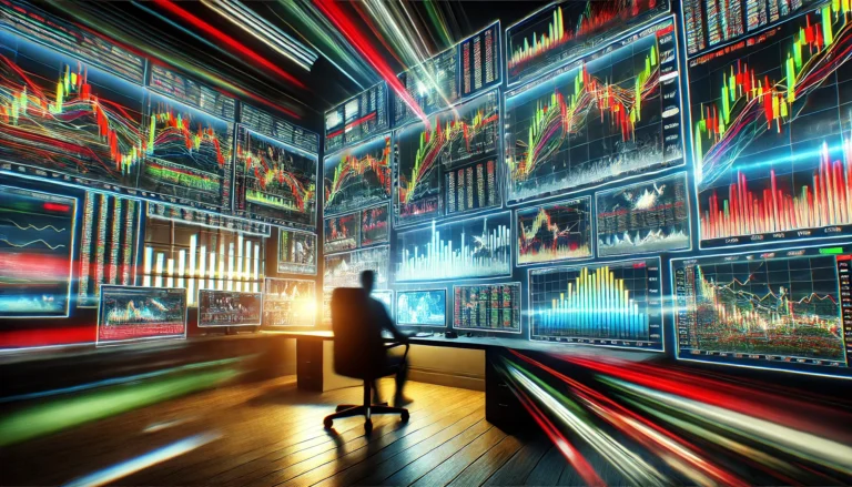 Multiple trading screens showcasing rapid price movements, representing scalping strategy