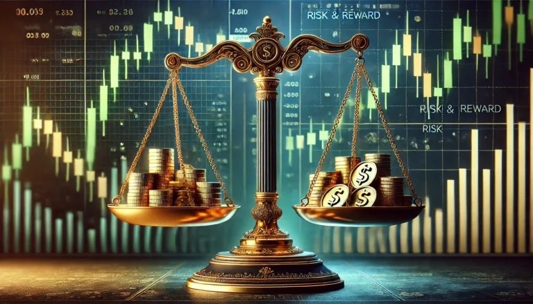 Balanced scale illustrating option selling risk and reward concept with stock market graphs in the background.
