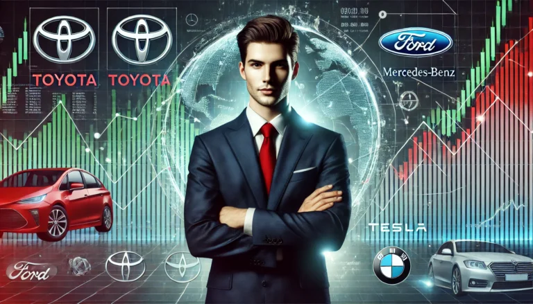 Donald Trump announcing auto tariffs, global market impact illustration.