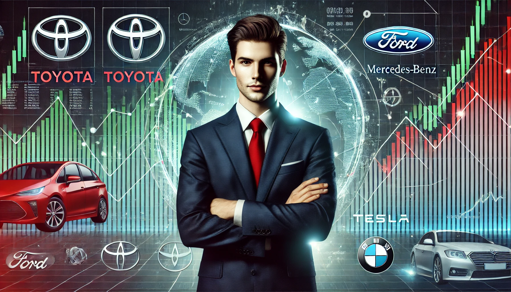 Donald Trump announcing auto tariffs, global market impact illustration.