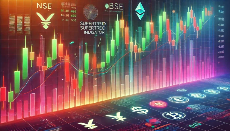 "Supertrend Indicator buy and sell signals chart" "Example of Supertrend Indicator in Indian stock market" "Forex market Supertrend indicator illustration"