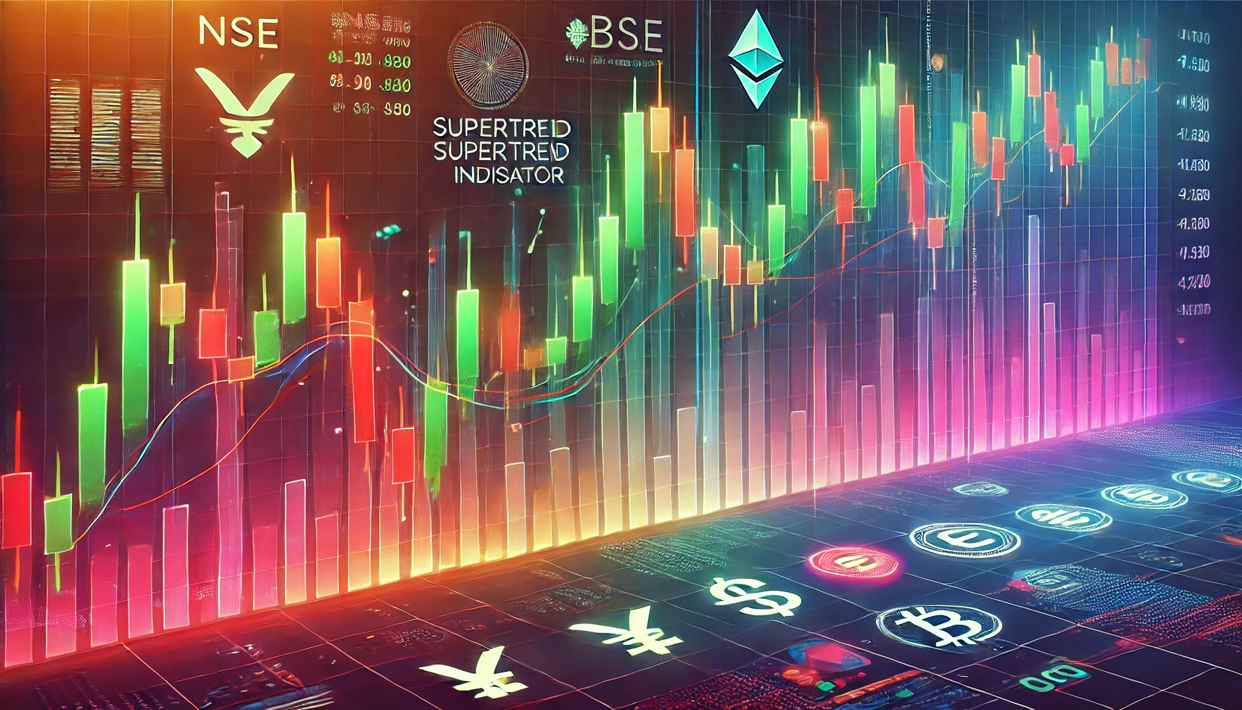 "Supertrend Indicator buy and sell signals chart" "Example of Supertrend Indicator in Indian stock market" "Forex market Supertrend indicator illustration"